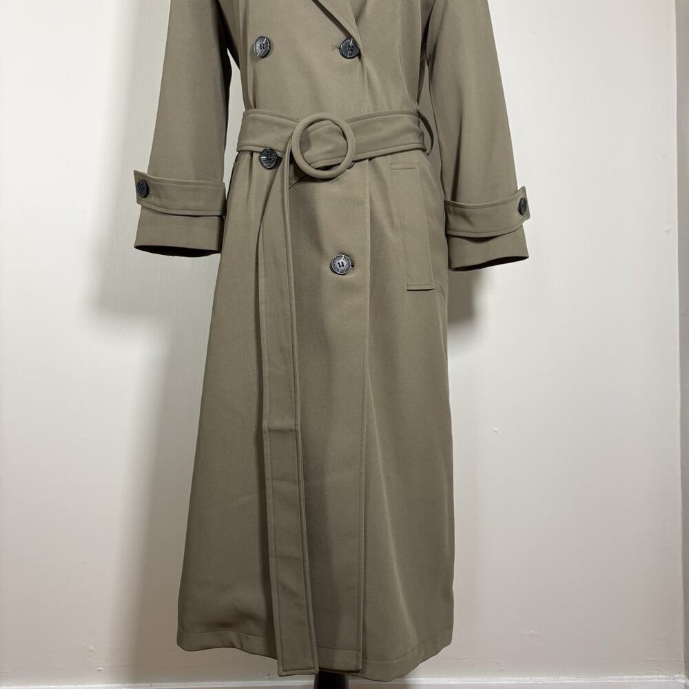Avec Les Filles Stretch Crepe Double Breasted Belted Trench Coat Olive Green M - Picture 7 of 15
